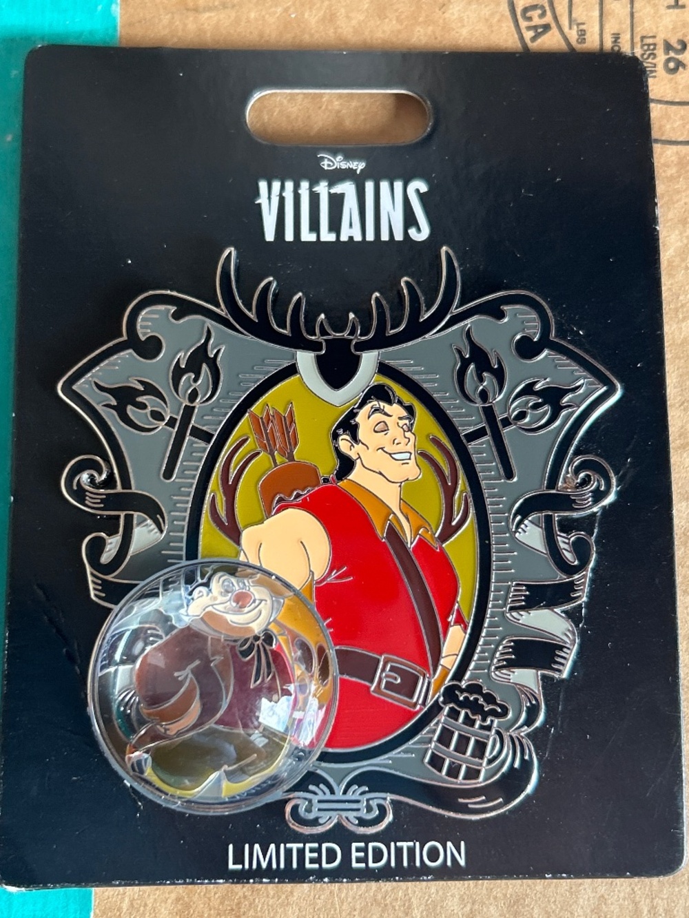 Pink a la Mode Gaston Snow Globe Beauty and the Beast Snowglobe Pin
